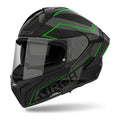 Airoh Matryx Sentinel Verde Opaco (MXSE33), casco integrale visto di tre quarti dal lato sinistro, grafica nera opaca con linee verdi