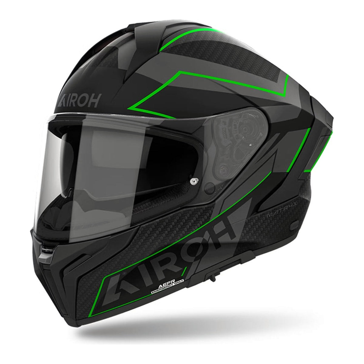 Airoh Matryx Sentinel Verde Opaco (MXSE33), casco integrale visto di tre quarti dal lato sinistro, grafica nera opaca con linee verdi