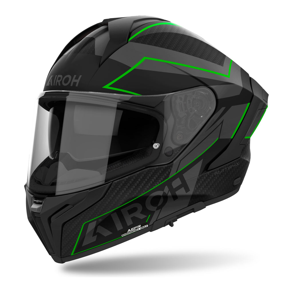 Airoh Matryx Sentinel Verde Opaco, vista anteriore di tre quarti dal lato sinistro con la mentoniera in evidenza