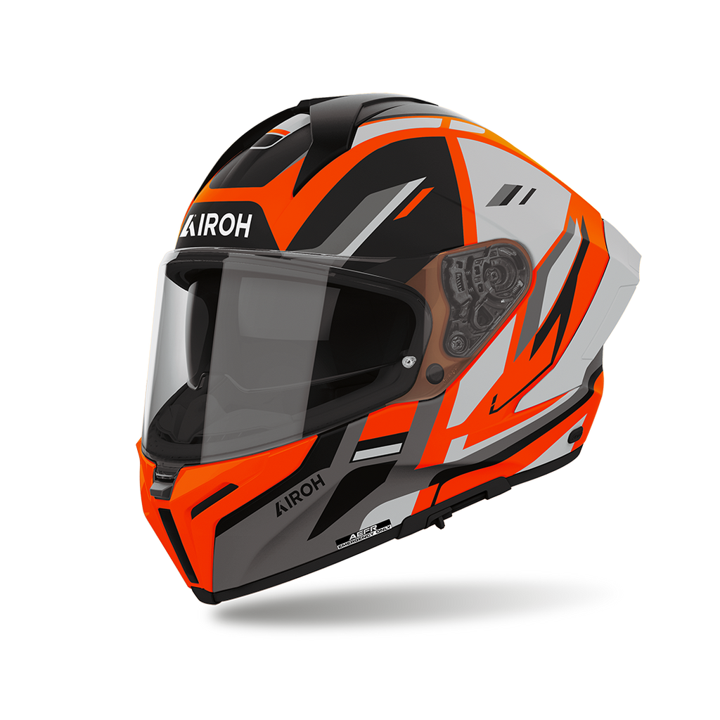 Airoh Matryx Sentry Arancio Opaco (MXSY32), casco integrale visto di tre quarti dal lato sinistro, grafica arancio fluo, grigio chiaro e nera, opaca