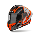 Airoh Matryx Sentry Arancio Opaco (MXSY32), casco integrale visto di tre quarti dal lato sinistro, grafica arancio fluo, grigio chiaro e nera, opaca