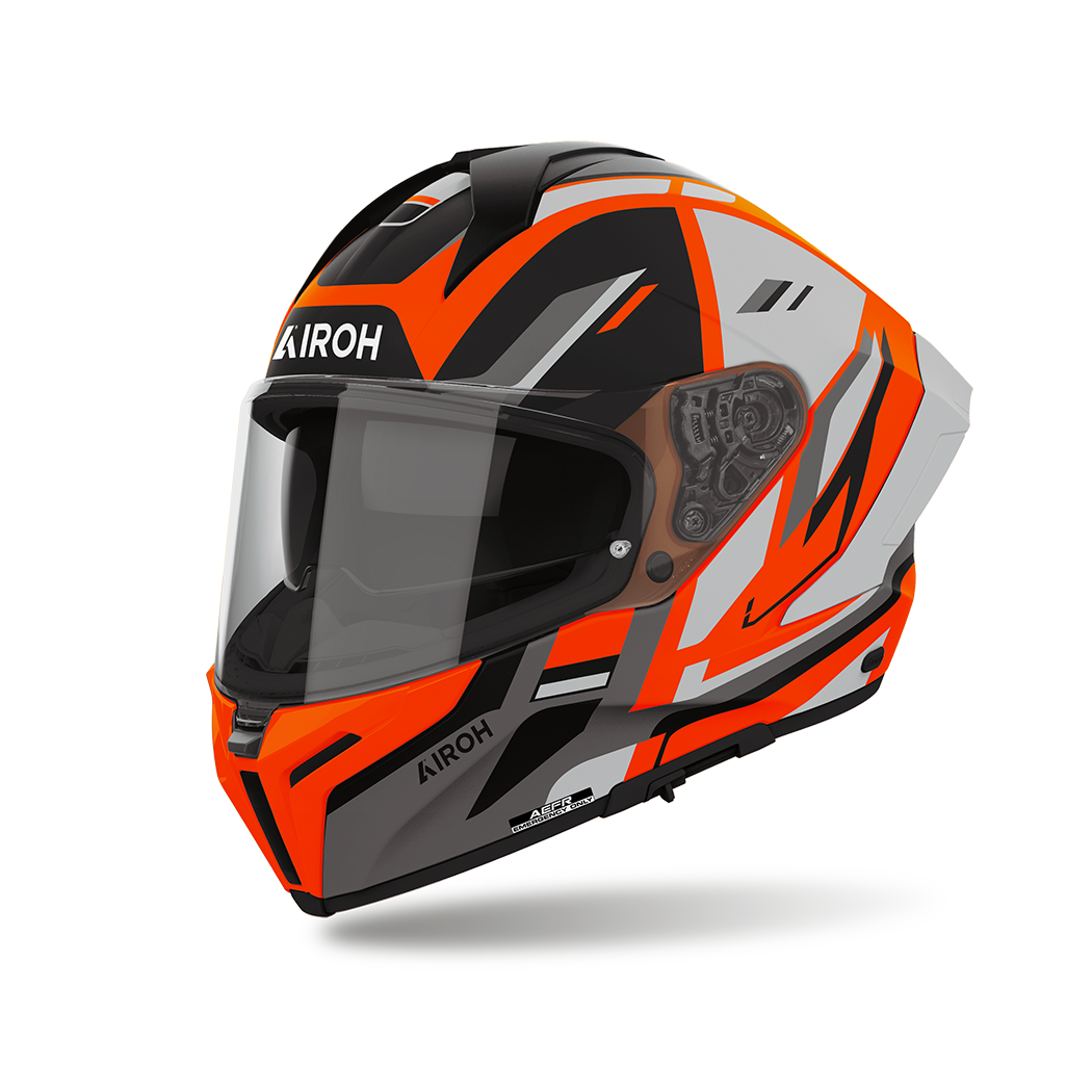 Airoh Matryx Sentry Arancio Opaco (MXSY32), casco integrale visto di tre quarti dal lato sinistro, grafica arancio fluo, grigio chiaro e nera, opaca