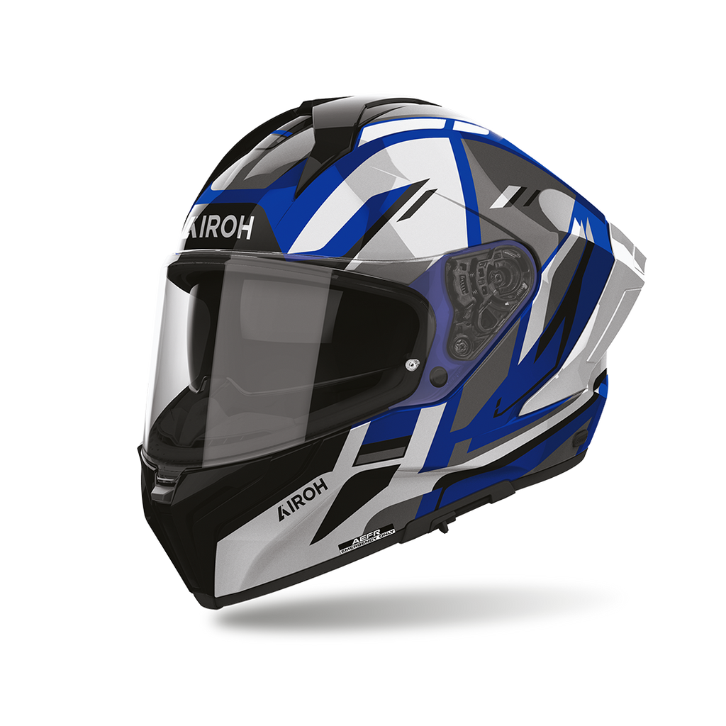 Airoh Matryx Sentry Blu Lucido (MXSY18), casco integrale visto di tre quarti dal lato sinistro, grafica blu, bianca, grigia e nera, lucida