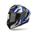 Airoh Matryx Sentry Blu Lucido (MXSY18), casco integrale visto di tre quarti dal lato sinistro, grafica blu, bianca, grigia e nera, lucida