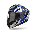 Airoh Matryx Sentry Blu Lucido (MXSY18), casco integrale visto di tre quarti dal lato sinistro, grafica blu, bianca, grigia e nera, lucida