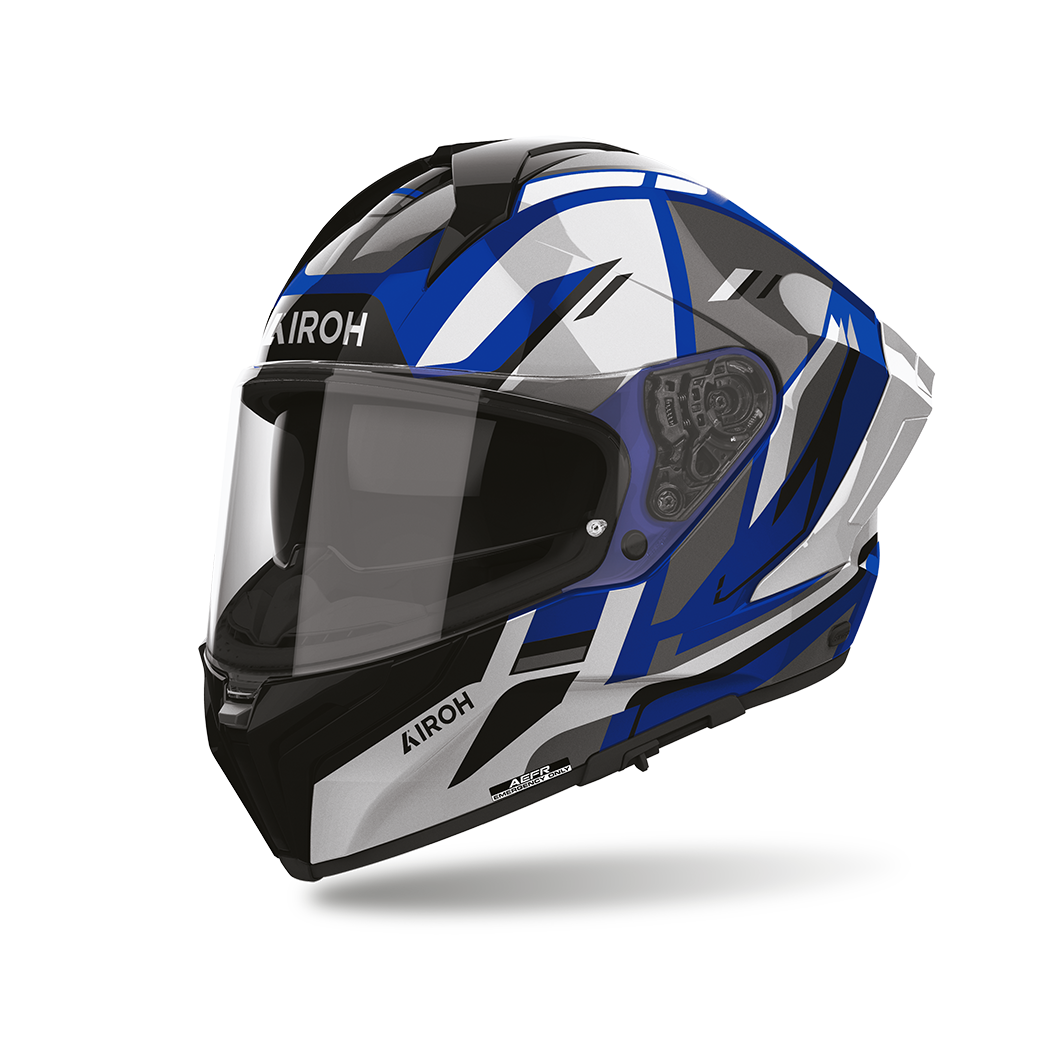 Airoh Matryx Sentry Blu Lucido (MXSY18), casco integrale visto di tre quarti dal lato sinistro, grafica blu, bianca, grigia e nera, lucida