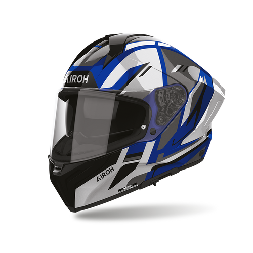Airoh Matryx Sentry Blu Lucido (MXSY18), casco integrale visto di tre quarti dal lato sinistro, grafica blu, bianca, grigia e nera, lucida