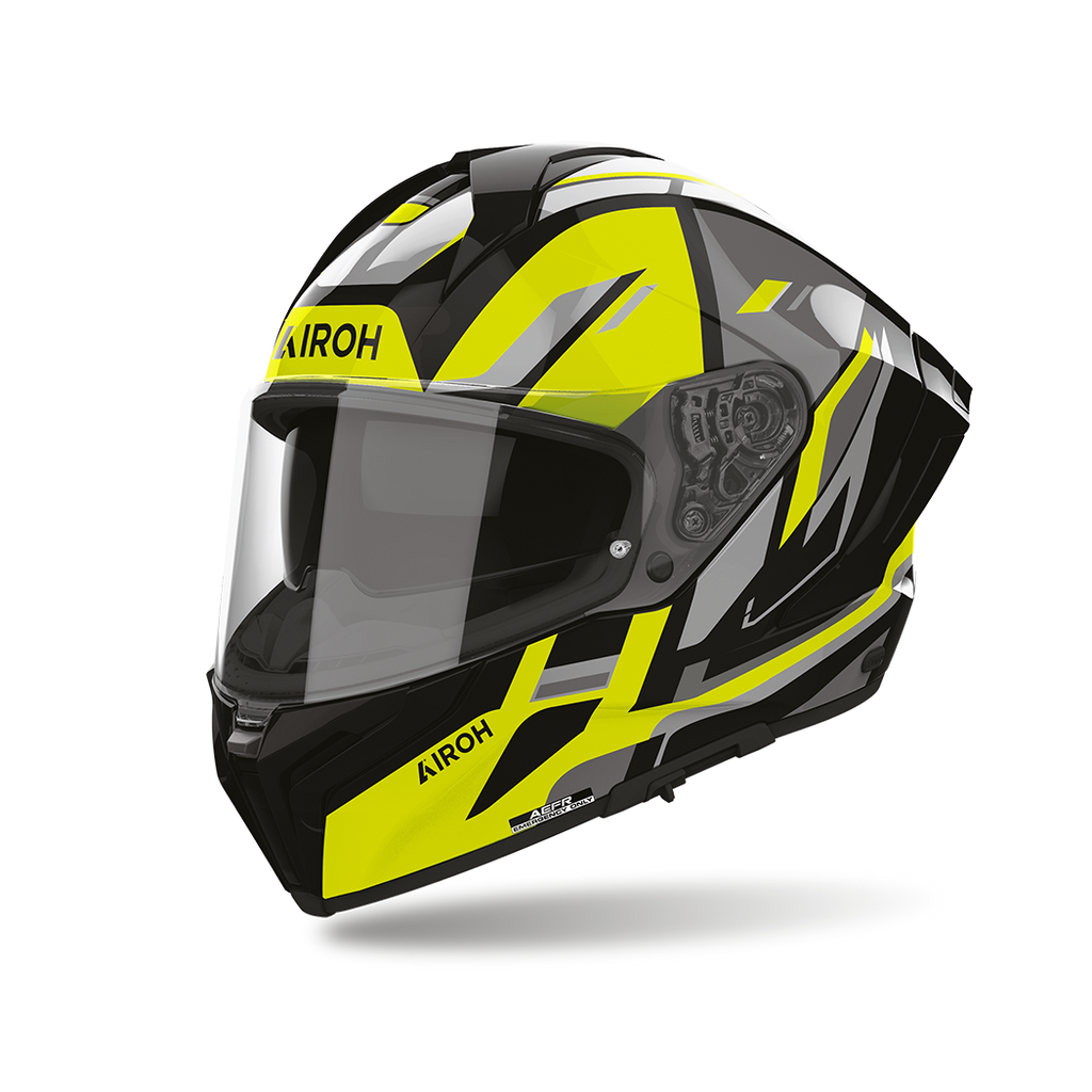 Airoh Matryx Sentry Giallo Lucido (MXSY31), casco integrale visto di tre quarti dal lato sinistro, grafica giallo fluo, nera e grigia, lucida