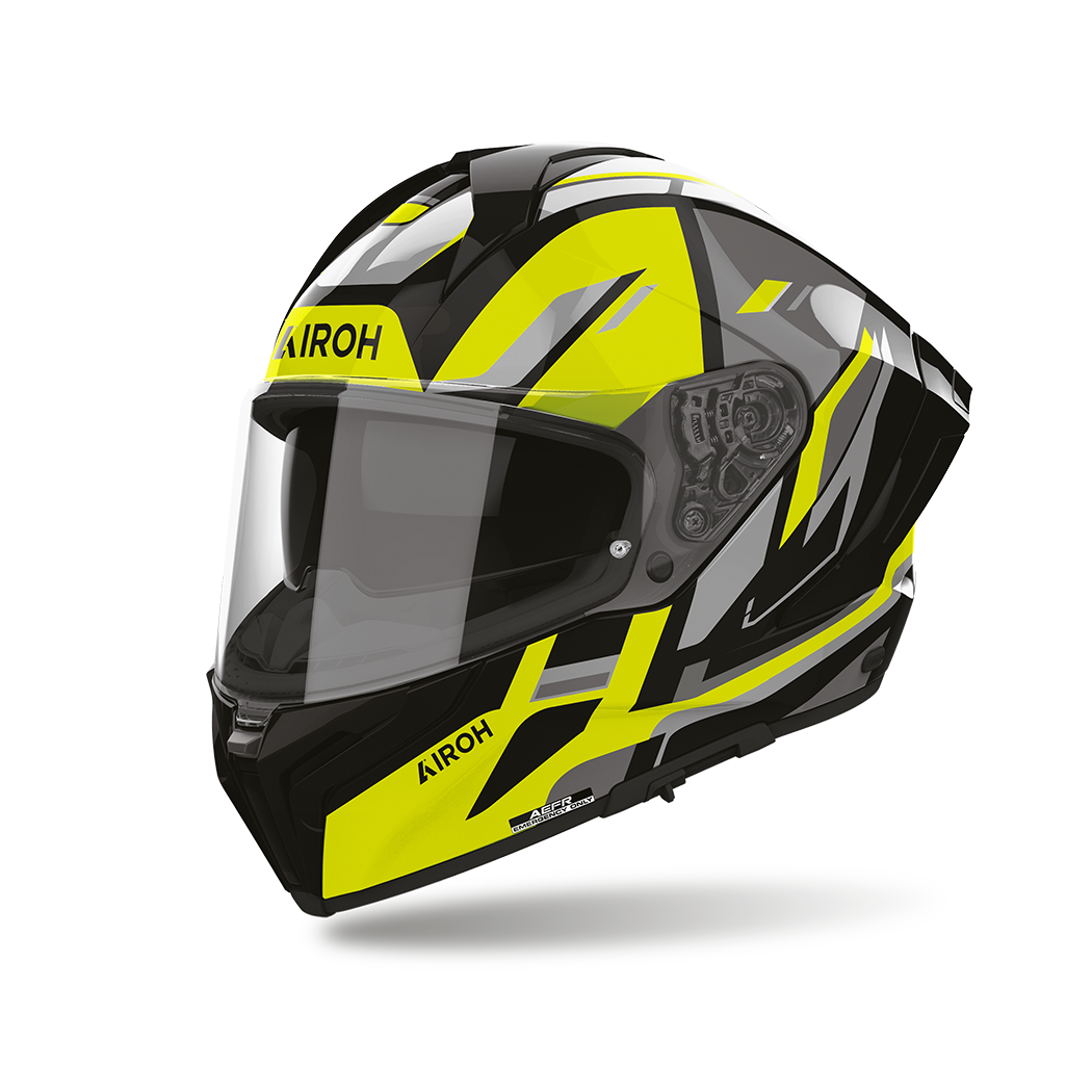 Airoh Matryx Sentry Giallo Lucido (MXSY31), casco integrale visto di tre quarti dal lato sinistro, grafica giallo fluo, nera e grigia, lucida