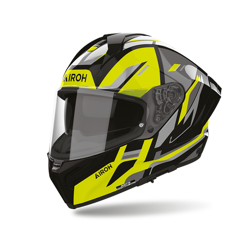 Airoh Matryx Sentry Giallo Lucido (MXSY31), casco integrale visto di tre quarti dal lato sinistro, grafica giallo fluo, nera e grigia, lucida