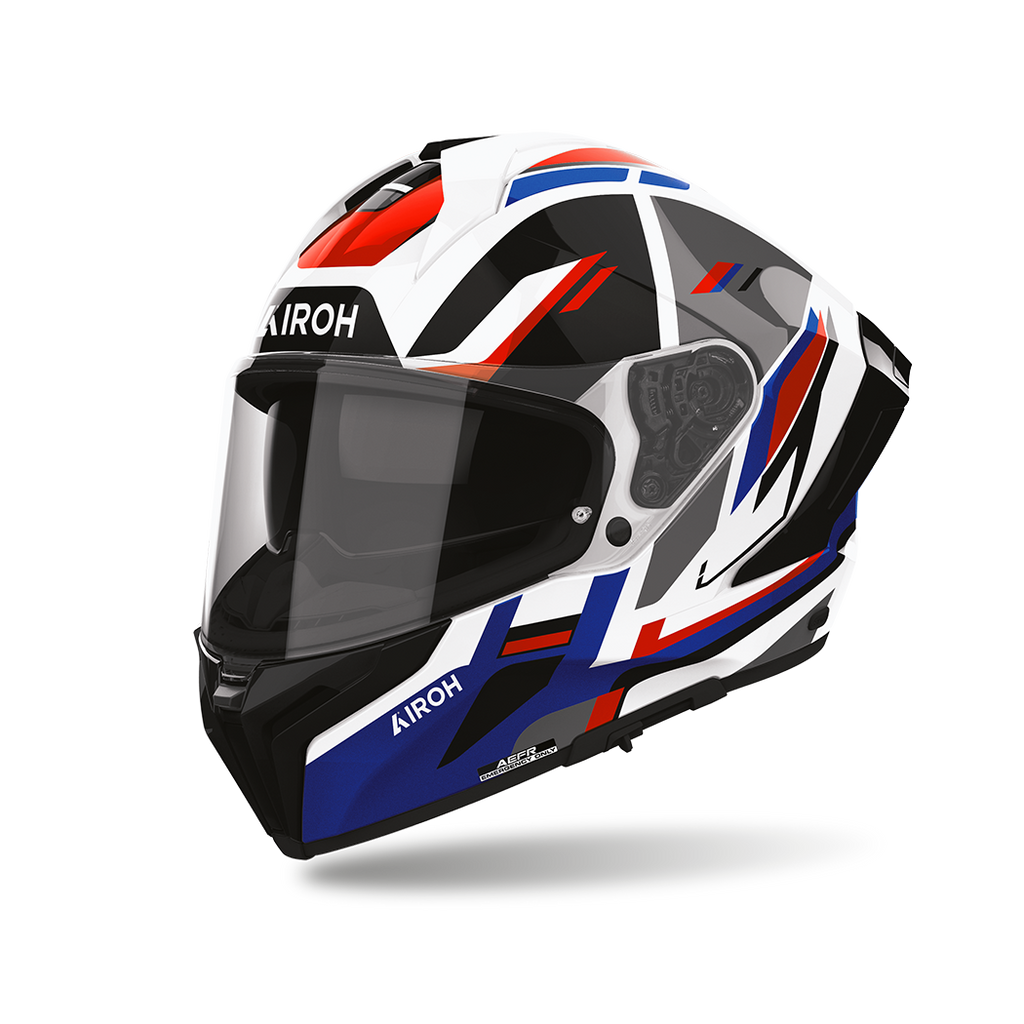 Airoh Matryx Sentry Rosso/Blu Lucido (MXSY29), casco integrale visto di tre quarti dal lato sinistro, grafica bianca, rossa, blu e nera, lucida
