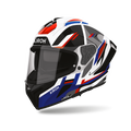 Airoh Matryx Sentry Rosso/Blu Lucido (MXSY29), casco integrale visto di tre quarti dal lato sinistro, grafica bianca, rossa, blu e nera, lucida