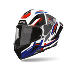 Airoh Matryx Sentry Rosso/Blu Lucido (MXSY29), casco integrale visto di tre quarti dal lato sinistro, grafica bianca, rossa, blu e nera, lucida