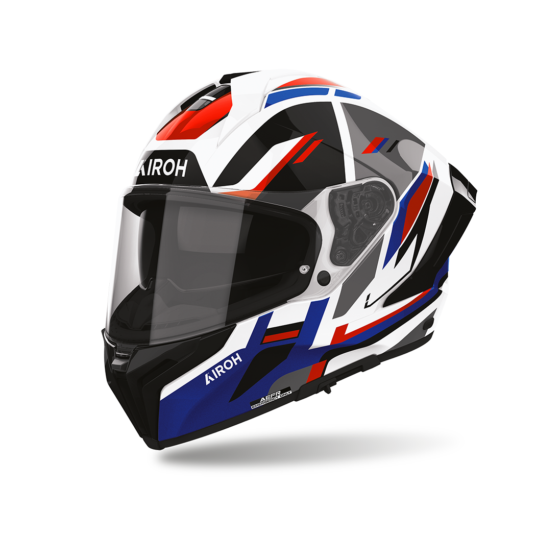 Airoh Matryx Sentry Rosso/Blu Lucido (MXSY29), casco integrale visto di tre quarti dal lato sinistro, grafica bianca, rossa, blu e nera, lucida