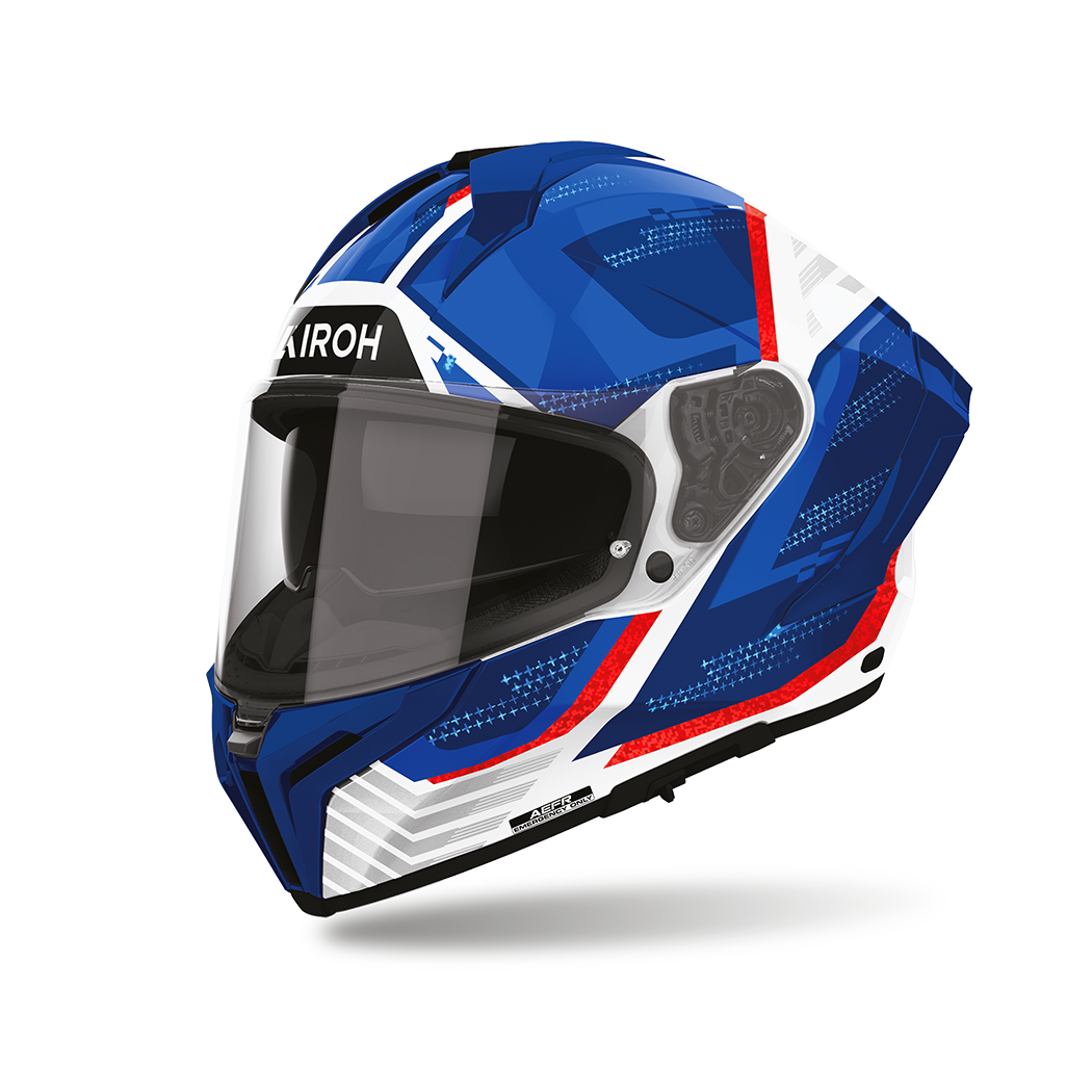 Airoh Matryx Starburst Blu/Rosso Lucido (MXSB29), casco integrale visto di tre quarti dal lato sinistro, grafica blu, bianca e rossa, lucida
