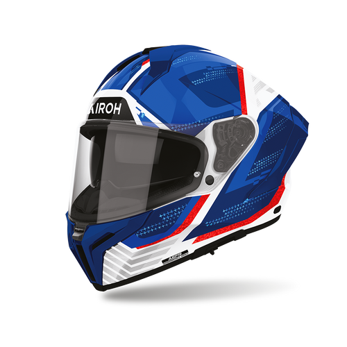 Airoh Matryx Starburst Blu/Rosso Lucido (MXSB29), casco integrale visto di tre quarti dal lato sinistro, grafica blu, bianca e rossa, lucida