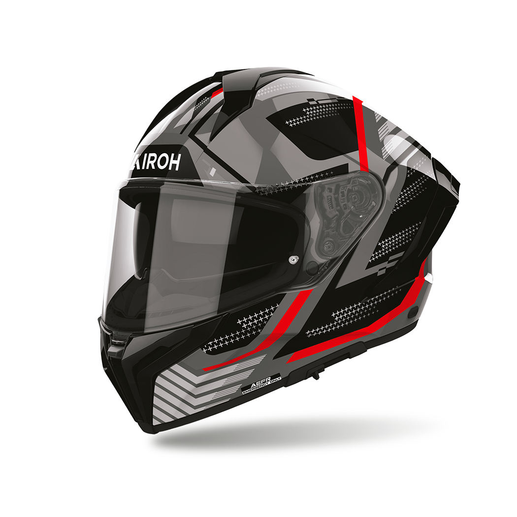 Airoh Matryx Starburst Nero/Rosso Lucido (MXSB17), casco integrale visto di tre quarti dal lato sinistro, grafica nera e grigia con dettagli rossi, lucida