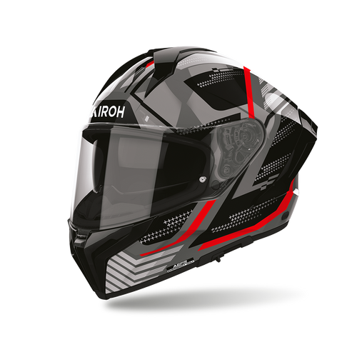 Airoh Matryx Starburst Nero/Rosso Lucido (MXSB17), casco integrale visto di tre quarti dal lato sinistro, grafica nera e grigia con dettagli rossi, lucida