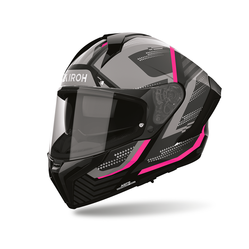 Airoh Matryx Starburst Rosa Opaco (MXSB54), casco integrale visto di tre quarti dal lato sinistro, grafica grigia e nera con dettagli rosa, opaca