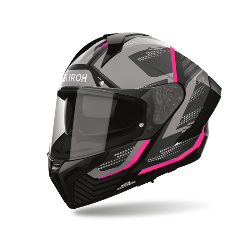 Airoh Matryx Starburst Rosa Opaco (MXSB54), casco integrale visto di tre quarti dal lato sinistro, grafica grigia e nera con dettagli rosa, opaca