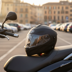 Casco Airoh Rides nero opaco appoggiato sulla sella di uno scooter al tramonto
