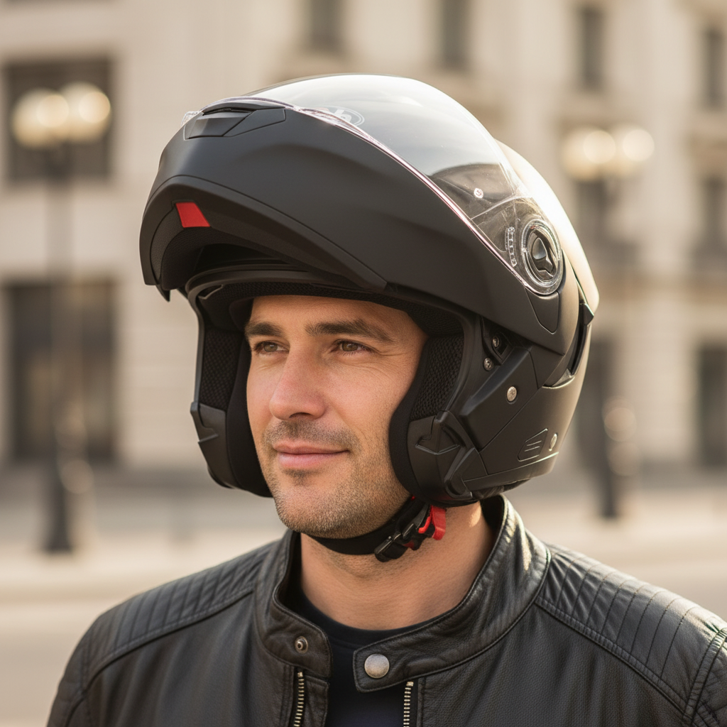 Motociclista in città indossa il casco Airoh Rides con la mentoniera alzata