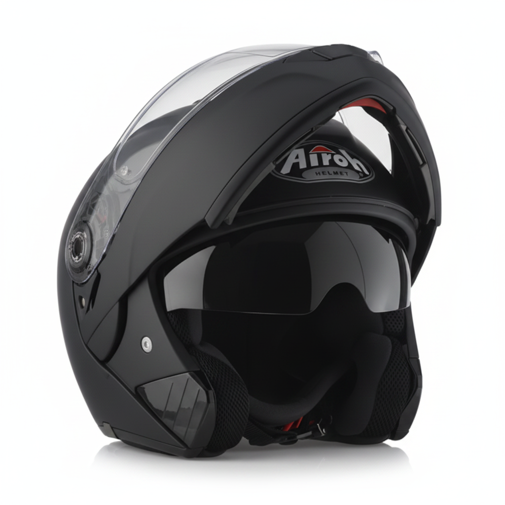 Frontale del casco Airoh Rides nero opaco con mentoniera alzata e visiera trasparente