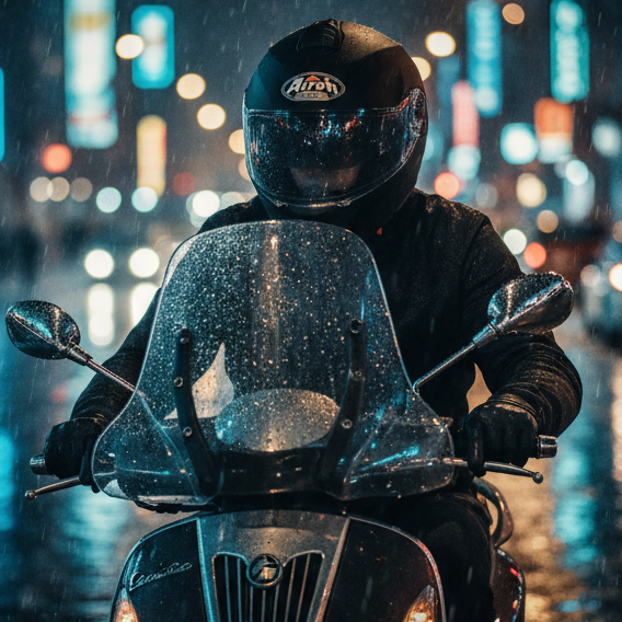 Scooterista con casco Airoh Rides nero opaco su strada bagnata di notte