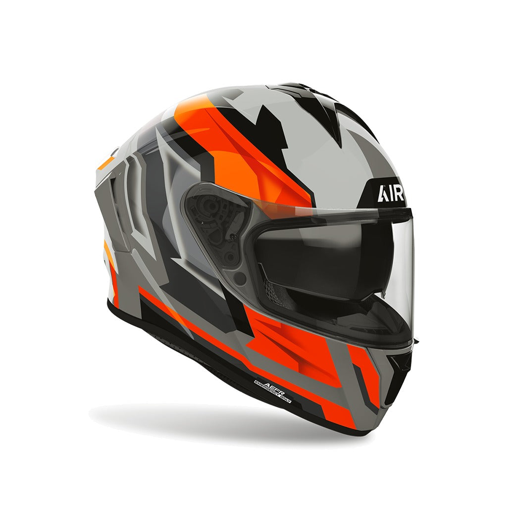 Airoh Spark 2 Blade Arancio Fluo Lucido visto di tre quarti dal lato opposto, grafica grigio, nero e arancio fluo e visiera chiusa