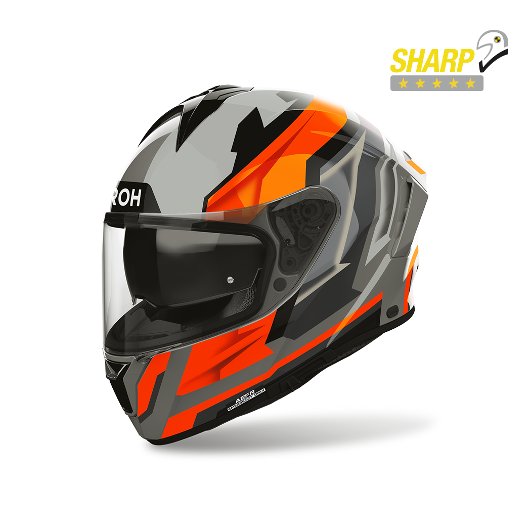 Airoh Spark 2 Blade Arancio Fluo Lucido (SP2B32), casco integrale visto di tre quarti anteriore, con badge 5 stelle SHARP