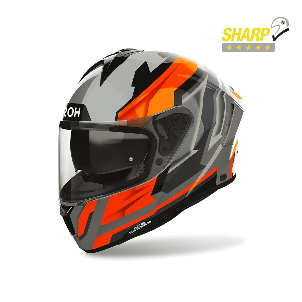 Airoh Spark 2 Blade Arancio Fluo Lucido (SP2B32), casco integrale visto di tre quarti anteriore, con badge 5 stelle SHARP
