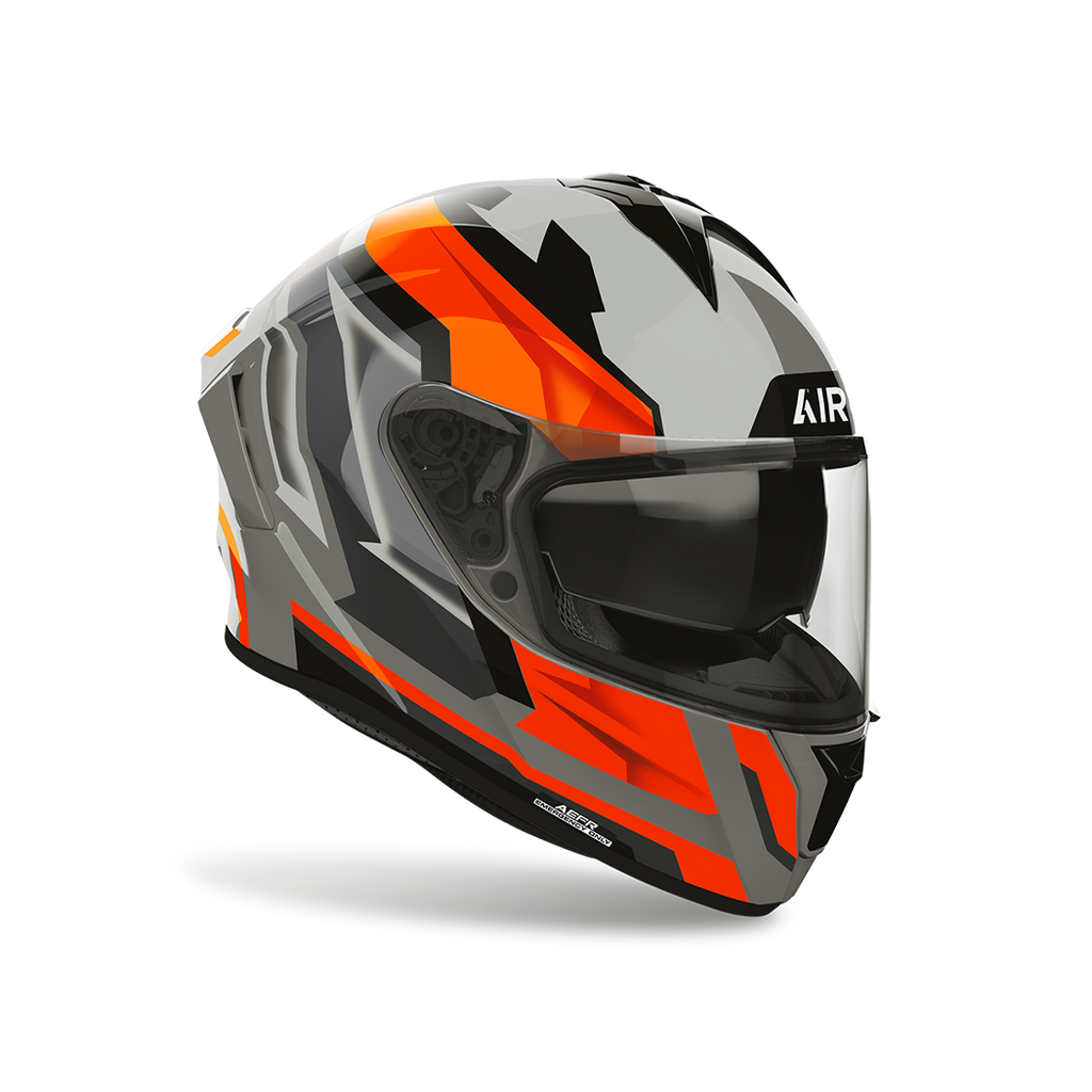 Airoh Spark 2 Blade Arancio Fluo Lucido visto di tre quarti dal lato opposto, grafica grigio, nero e arancio fluo e visiera chiusa