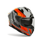 Airoh Spark 2 Blade Arancio Fluo Lucido visto di tre quarti dal lato opposto, grafica grigio, nero e arancio fluo e visiera chiusa