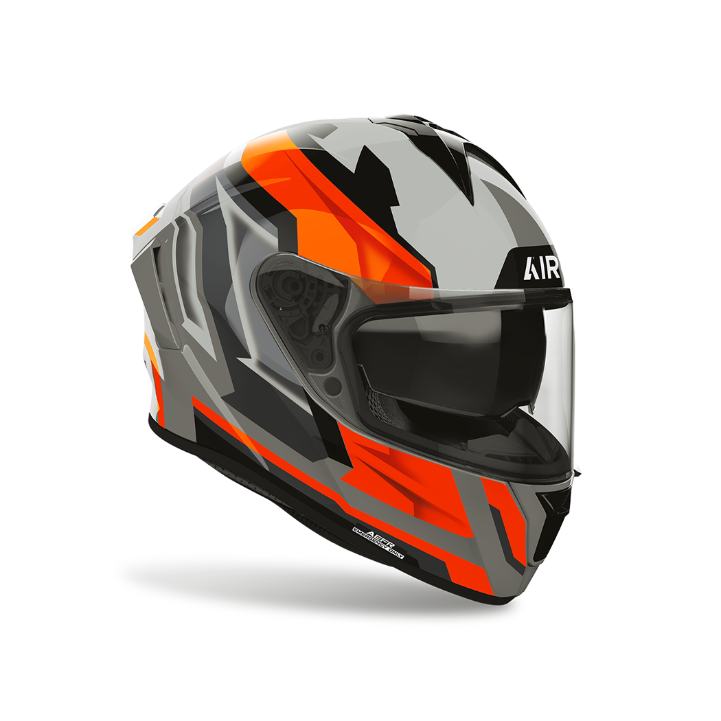 Airoh Spark 2 Blade Arancio Fluo Lucido visto di tre quarti dal lato opposto, grafica grigio, nero e arancio fluo e visiera chiusa