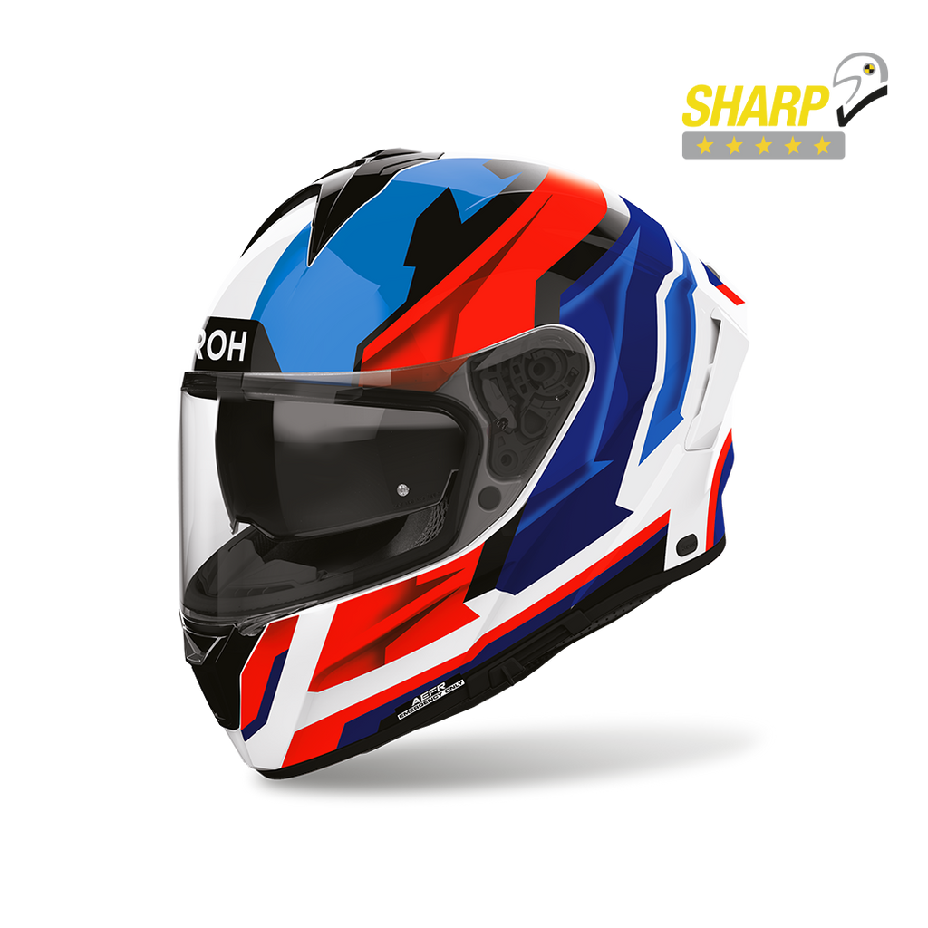 Airoh Spark 2 Blade Blu/Rosso Lucido (SP2B18), casco integrale visto di tre quarti anteriore, con badge 5 stelle SHARP