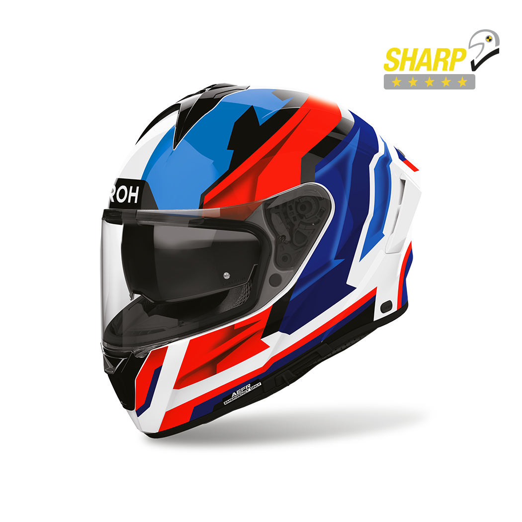 Airoh Spark 2 Blade Blu/Rosso Lucido (SP2B18), casco integrale visto di tre quarti anteriore, con badge 5 stelle SHARP