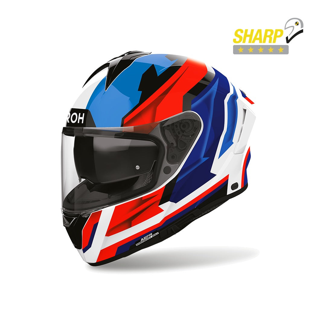 Airoh Spark 2 Blade Blu/Rosso Lucido (SP2B18), casco integrale visto di tre quarti anteriore, con badge 5 stelle SHARP
