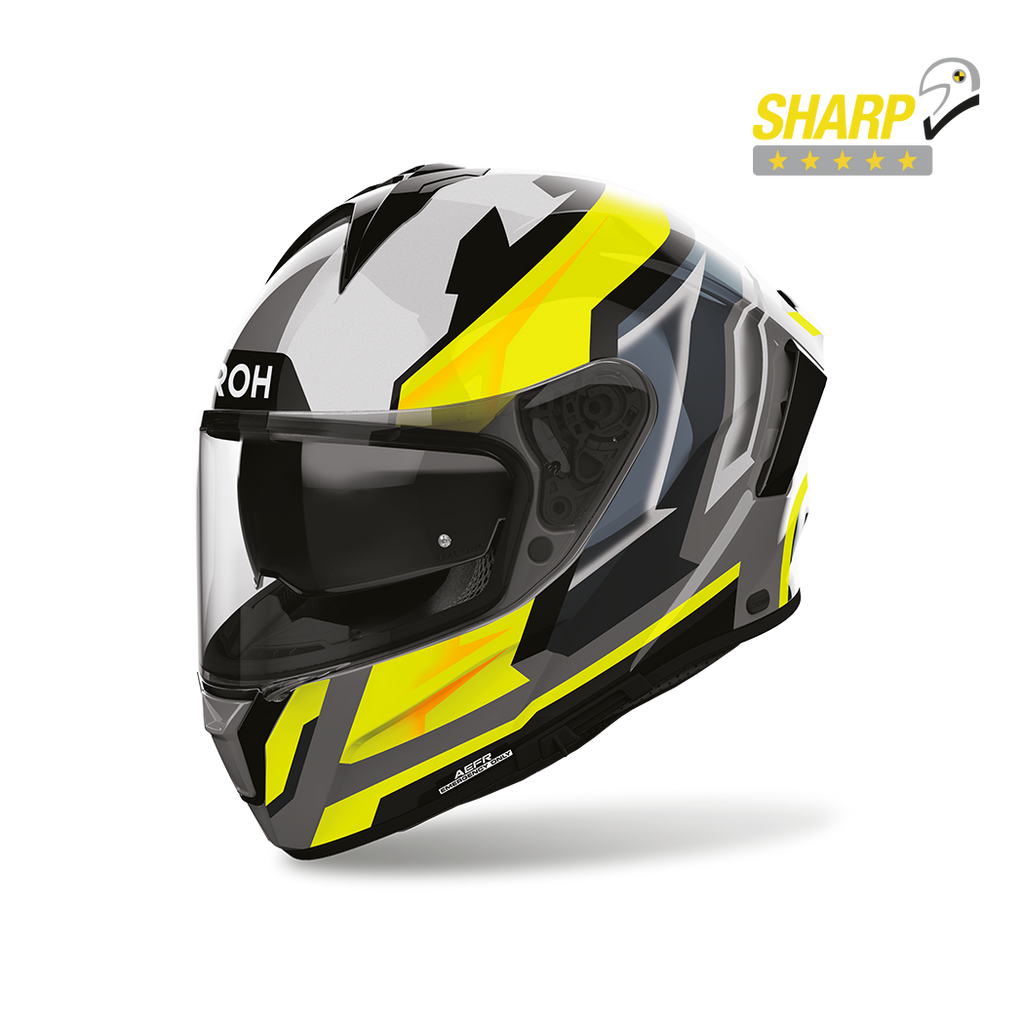 Airoh Spark 2 Blade Giallo Lucido (SP2B31), casco integrale visto di tre quarti anteriore, con badge 5 stelle SHARP