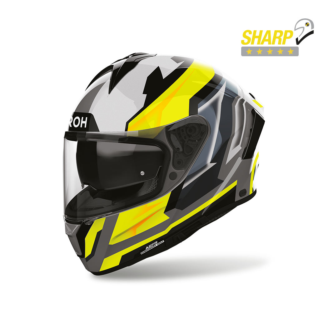 Airoh Spark 2 Blade Giallo Lucido (SP2B31), casco integrale visto di tre quarti anteriore, con badge 5 stelle SHARP