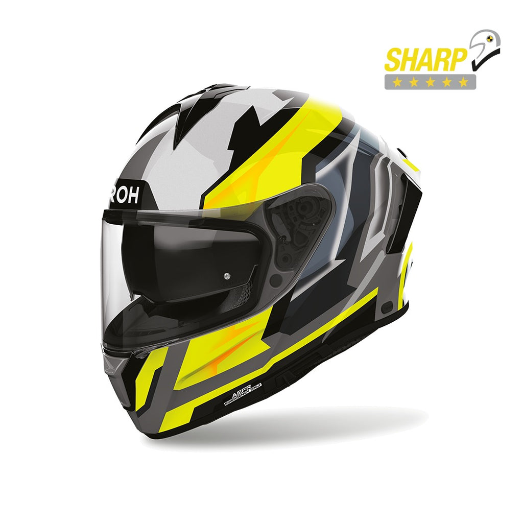 Airoh Spark 2 Blade Giallo Lucido (SP2B31), casco integrale visto di tre quarti anteriore, con badge 5 stelle SHARP