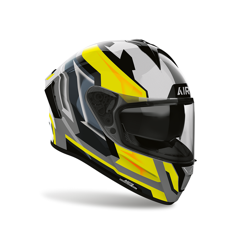 Airoh Spark 2 Blade Giallo Lucido visto di tre quarti dal lato opposto, grafica grigio, nero e giallo e visiera chiusa