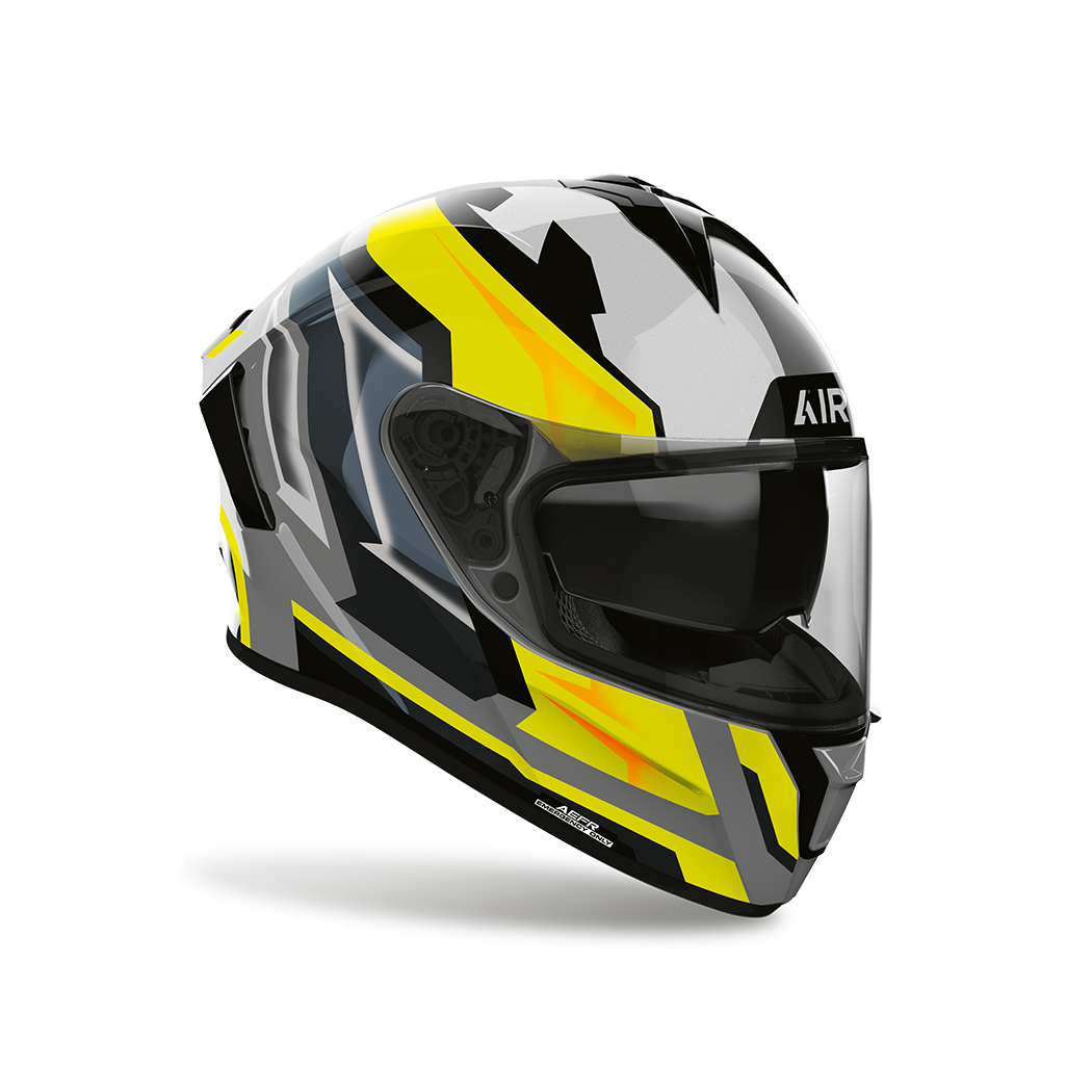 Airoh Spark 2 Blade Giallo Lucido visto di tre quarti dal lato opposto, grafica grigio, nero e giallo e visiera chiusa