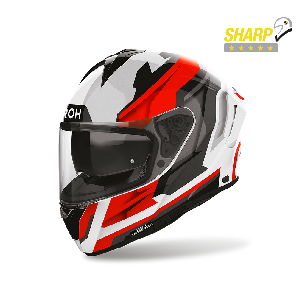 Airoh Spark 2 Blade Rosso Lucido (SP2B55), casco integrale visto di tre quarti anteriore, con badge 5 stelle SHARP