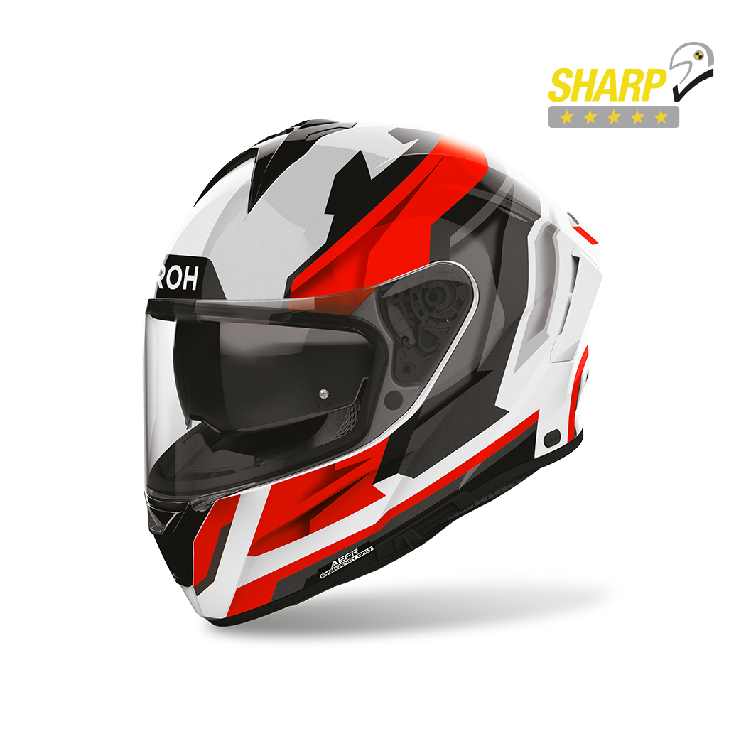 Airoh Spark 2 Blade Rosso Lucido (SP2B55), casco integrale visto di tre quarti anteriore, con badge 5 stelle SHARP