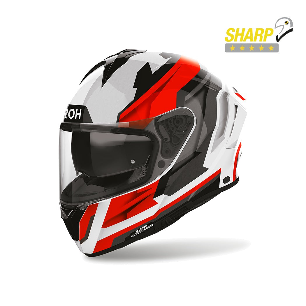 Airoh Spark 2 Blade Rosso Lucido (SP2B55), casco integrale visto di tre quarti anteriore, con badge 5 stelle SHARP