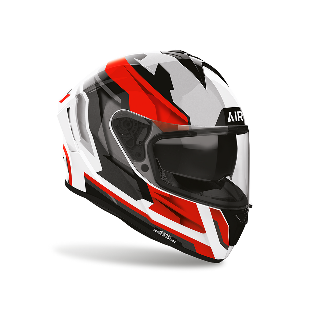 Airoh Spark 2 Blade Rosso Lucido visto di tre quarti dal lato opposto, grafica bianco, nero e rosso e visiera chiusa
