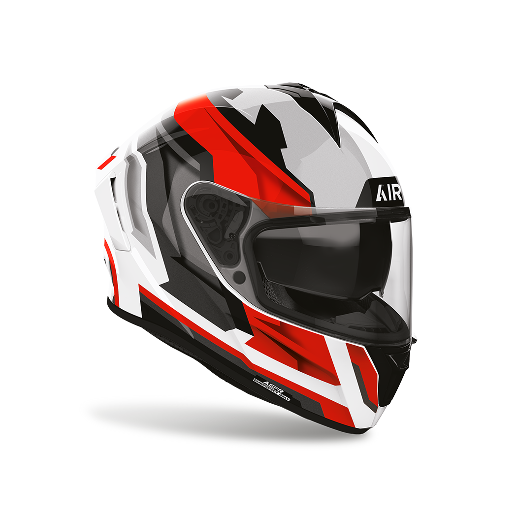 Airoh Spark 2 Blade Rosso Lucido visto di tre quarti dal lato opposto, grafica bianco, nero e rosso e visiera chiusa