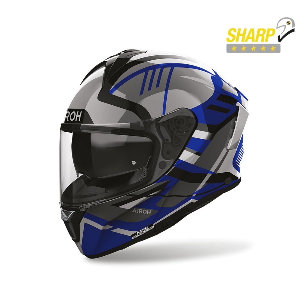Airoh Spark 2 Luma Blu Lucido (SP2L18), casco integrale visto di tre quarti anteriore, con badge 5 stelle SHARP