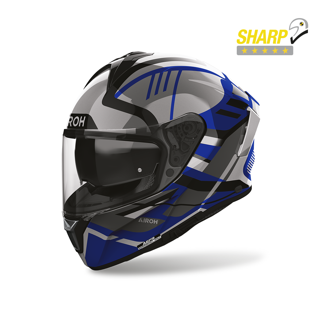 Airoh Spark 2 Luma Blu Lucido (SP2L18), casco integrale visto di tre quarti anteriore, con badge 5 stelle SHARP