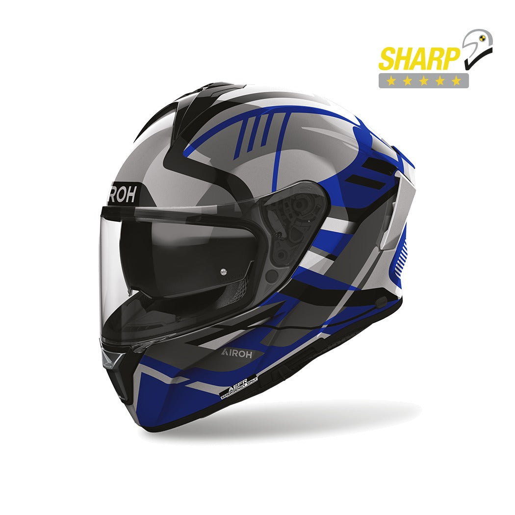 Airoh Spark 2 Luma Blu Lucido (SP2L18), casco integrale visto di tre quarti anteriore, con badge 5 stelle SHARP